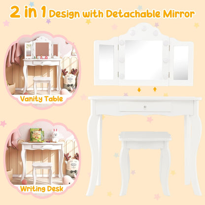 Costzon Kids Vanity, Girls Vanity Set with Mirror and Stool and Lights, Drawer, 2 in 1 Wooden Princess Makeup Desk Dressing Table, Toddler Vanity, Pretend Play Kids Vanity Table and Chair Set (White)