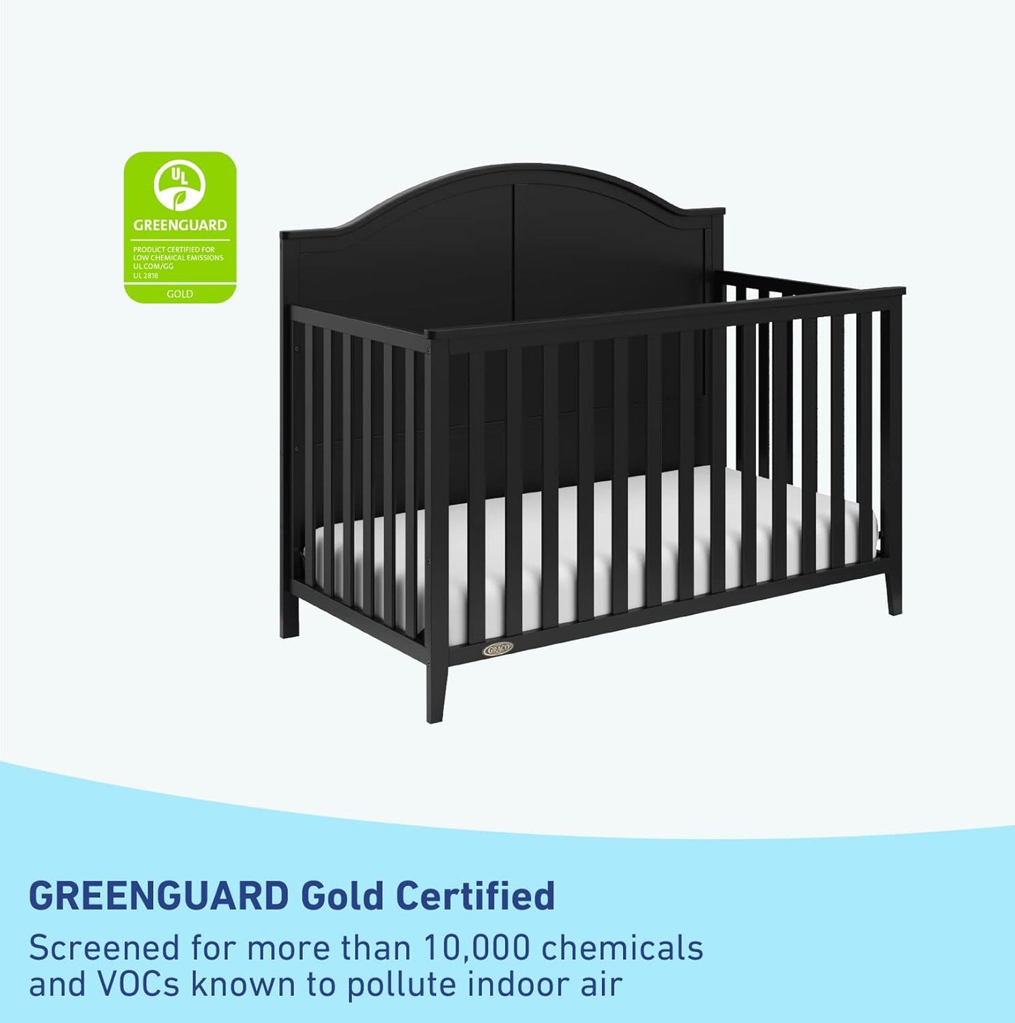 Graco Wilfred 5-In-1 Convertible Crib (Black) – GREENGUARD Gold Certified, Converts to Toddler Bed and Full-Size Bed, Fits Standard Full-Size Crib Mattress, Adjustable Mattress Support Base