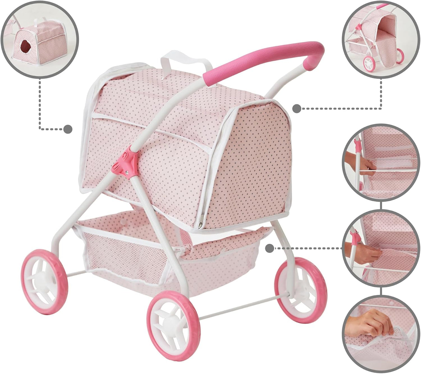 Olivia'S Little World Polka Dots Princess Doll Animal Stroller with Detachable Toy Pet Carrier - Pet Doll Pram for 3 Yrs and up - Pink/Gray