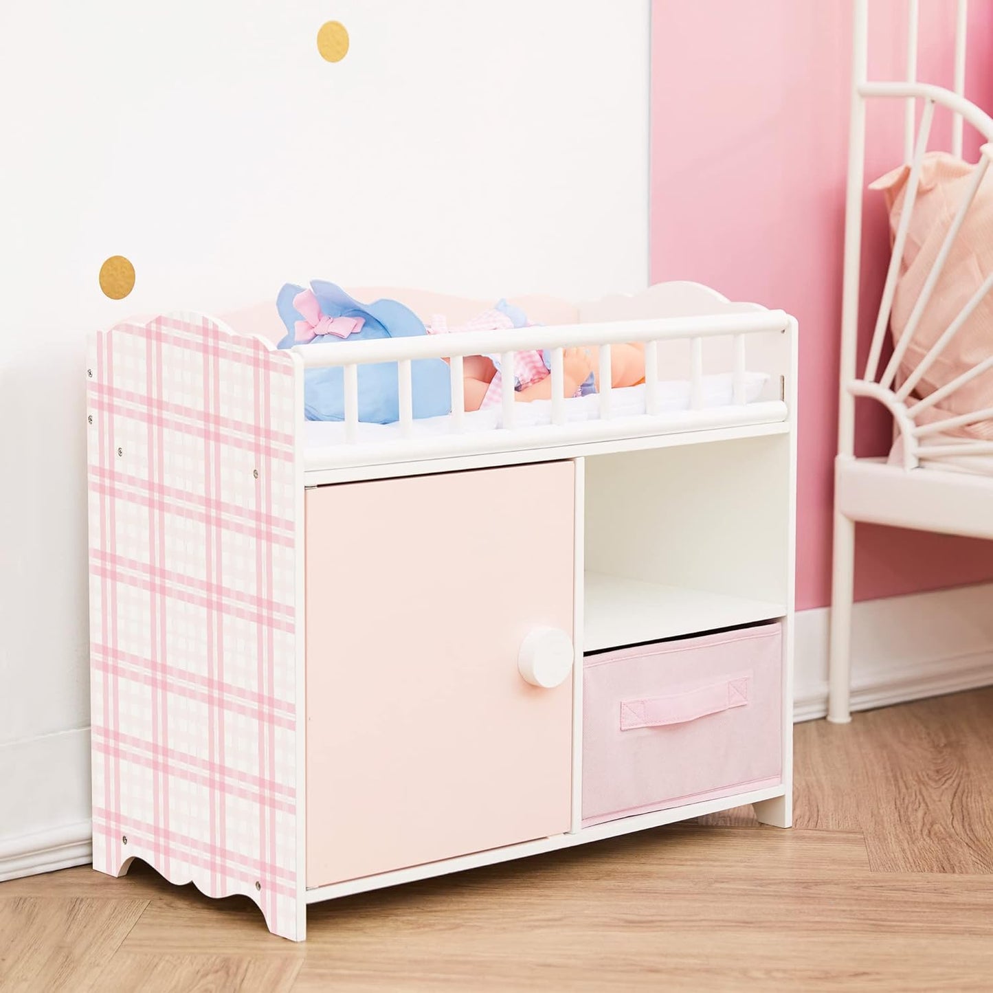 Olivia'S Little World Polka Dot Princess Wooden Baby Doll Crib with Under-The-Crib Storage Featuring a Cabinet with Door and Two Cubbies, Pink and White