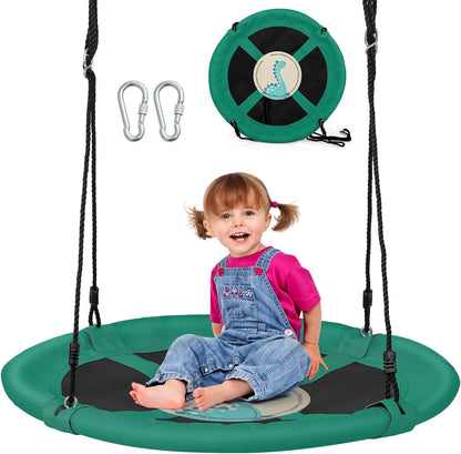 Costzon 40” Saucer Tree Swing for Kids, Flying Saucer Swing with 2 Carabiners, Adjustable Ropes, Waterproof 900D Oxford Cloth, round Swing for Outdoor Playground, Backyard (Green Dinosaur)