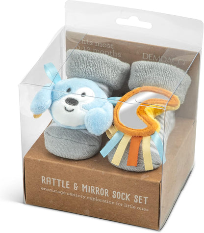 DEMDACO Puppy 3-6 Months Blue and Grey Baby Rattle and Mirror Activity Sock Set