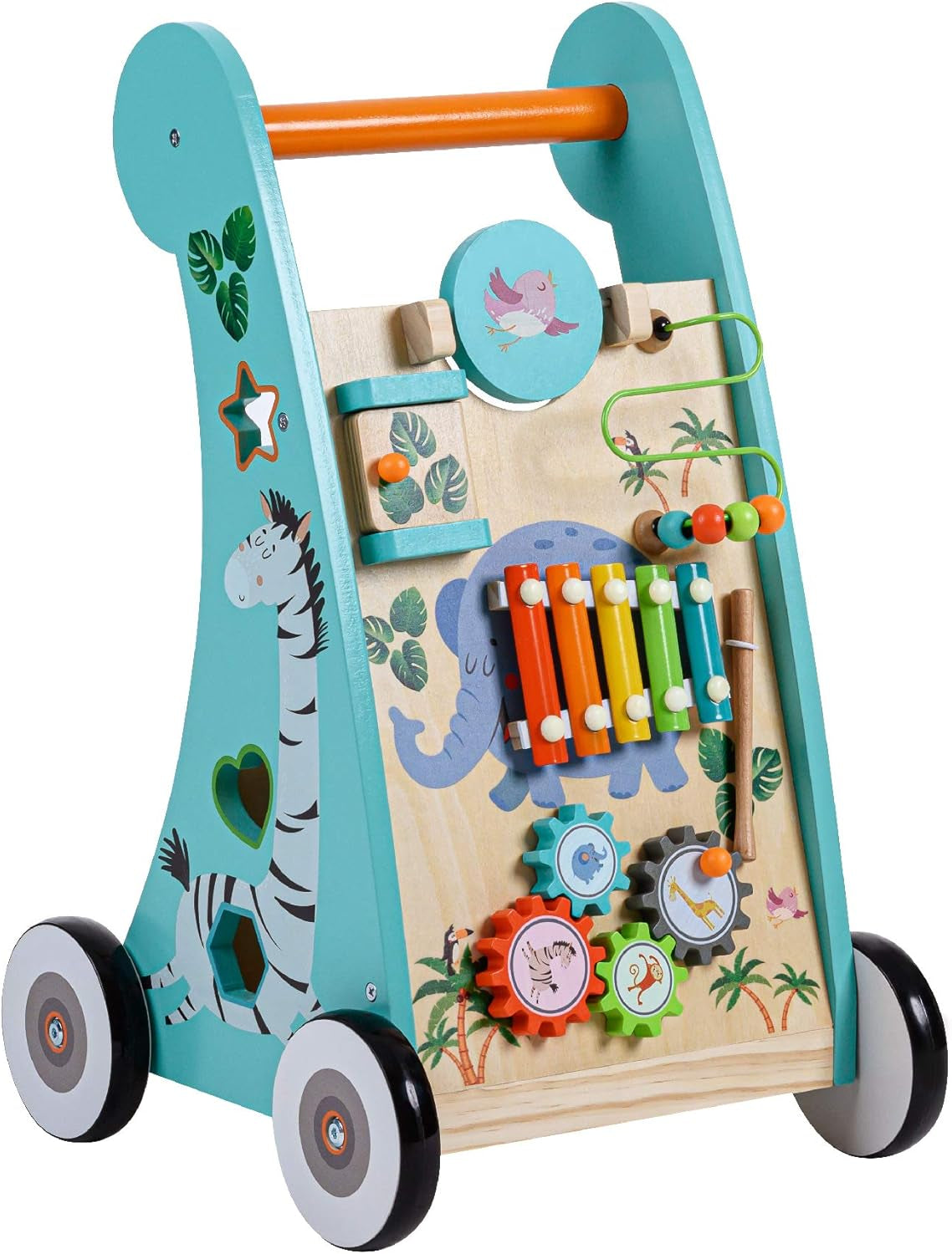 Teamson Kids Preschool Play Lab Wooden Baby Walker and Activity Station, Natural/Blue