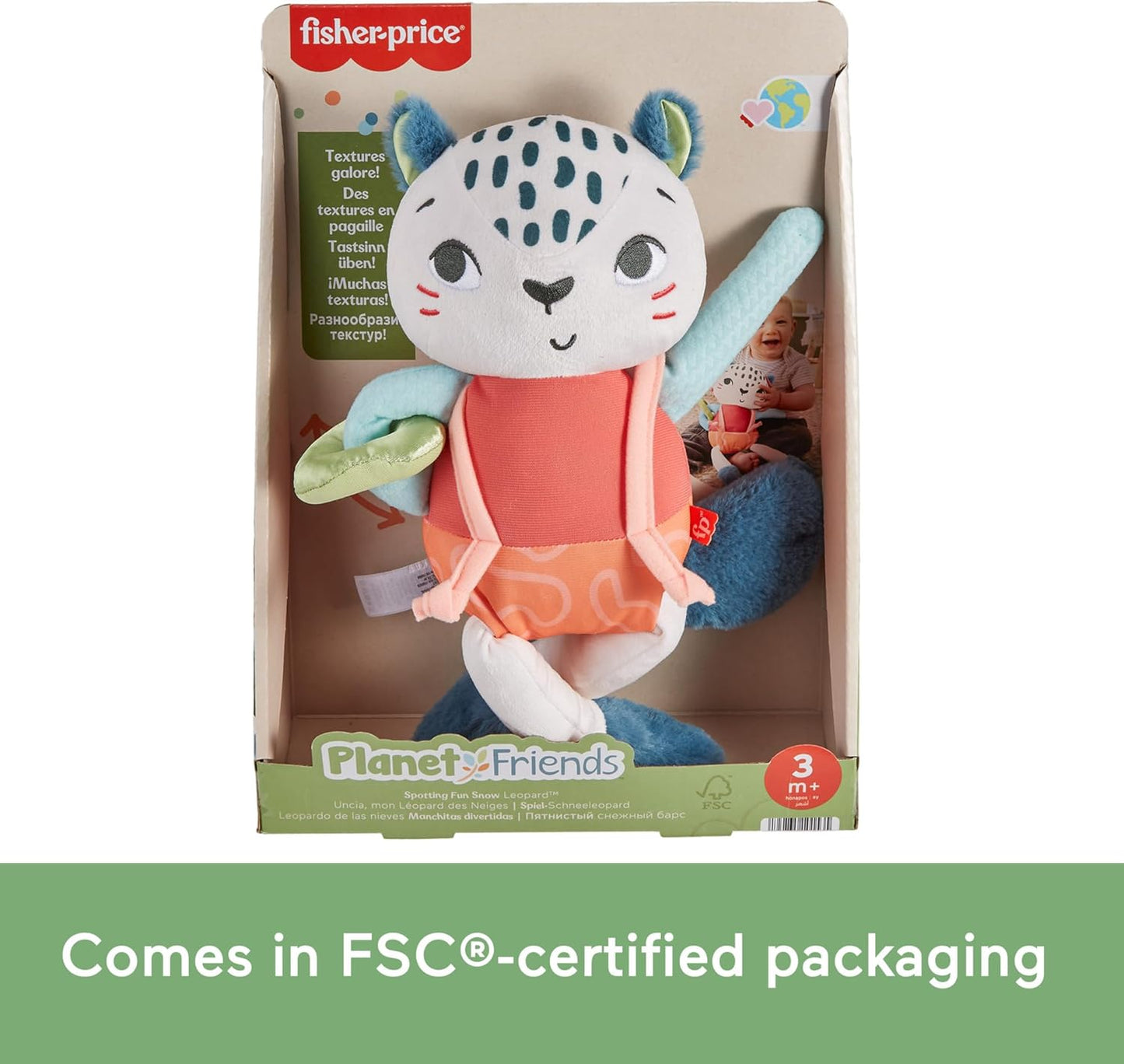 Fisher-Price Baby Toy Planet Friends Spotting Fun Snow Leopard Plush with Sensory Activities for Newborns Ages 3+ Months