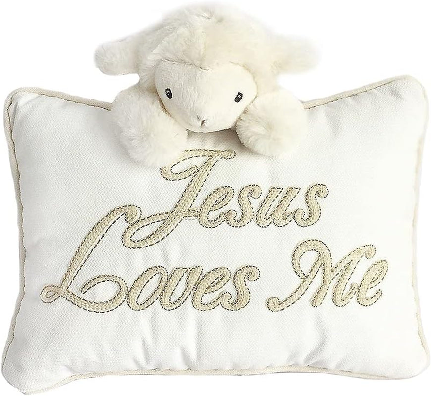 Mon Ami "Jesus Loves Me" Lamb Designer Plush Throw Pillow – 11X8”, Baby Christening Gift, Religious Gift, Dedication, Baptism Gift, Cute Room Décor