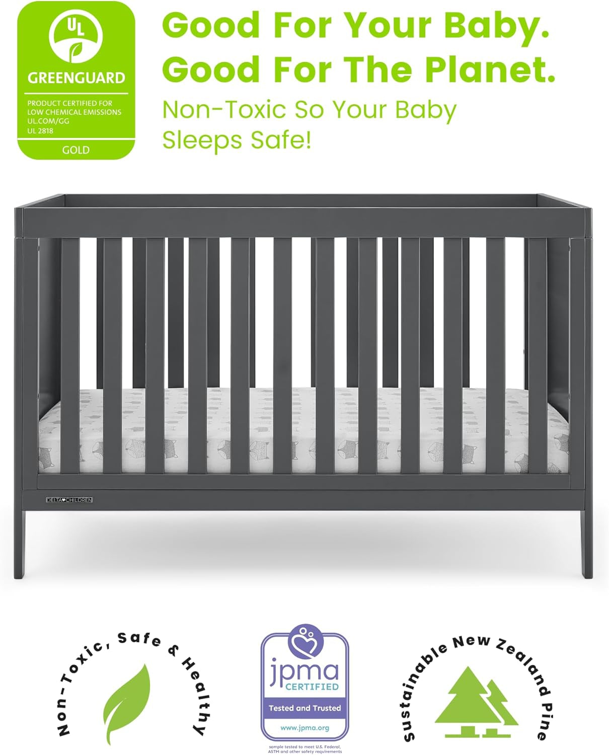 Delta Children Hayes 4-In-1 Convertible Crib - Greenguard Gold Certified, Charcoal Grey