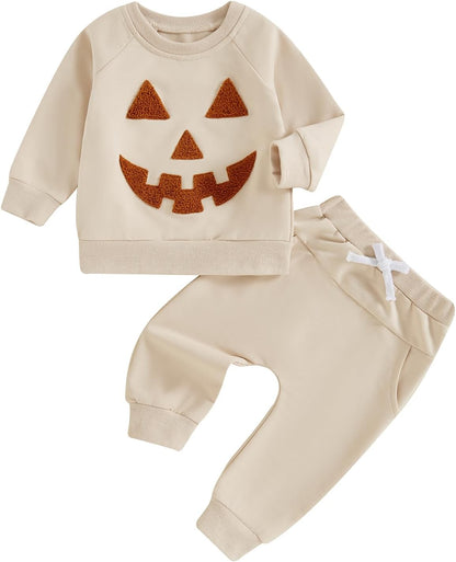 Adobabirl Toddler Baby Halloween Outfit Boy Girl Pumpkin Patch Crew Sweatshirt and Pants Set Halloween Fall Baby Clothes