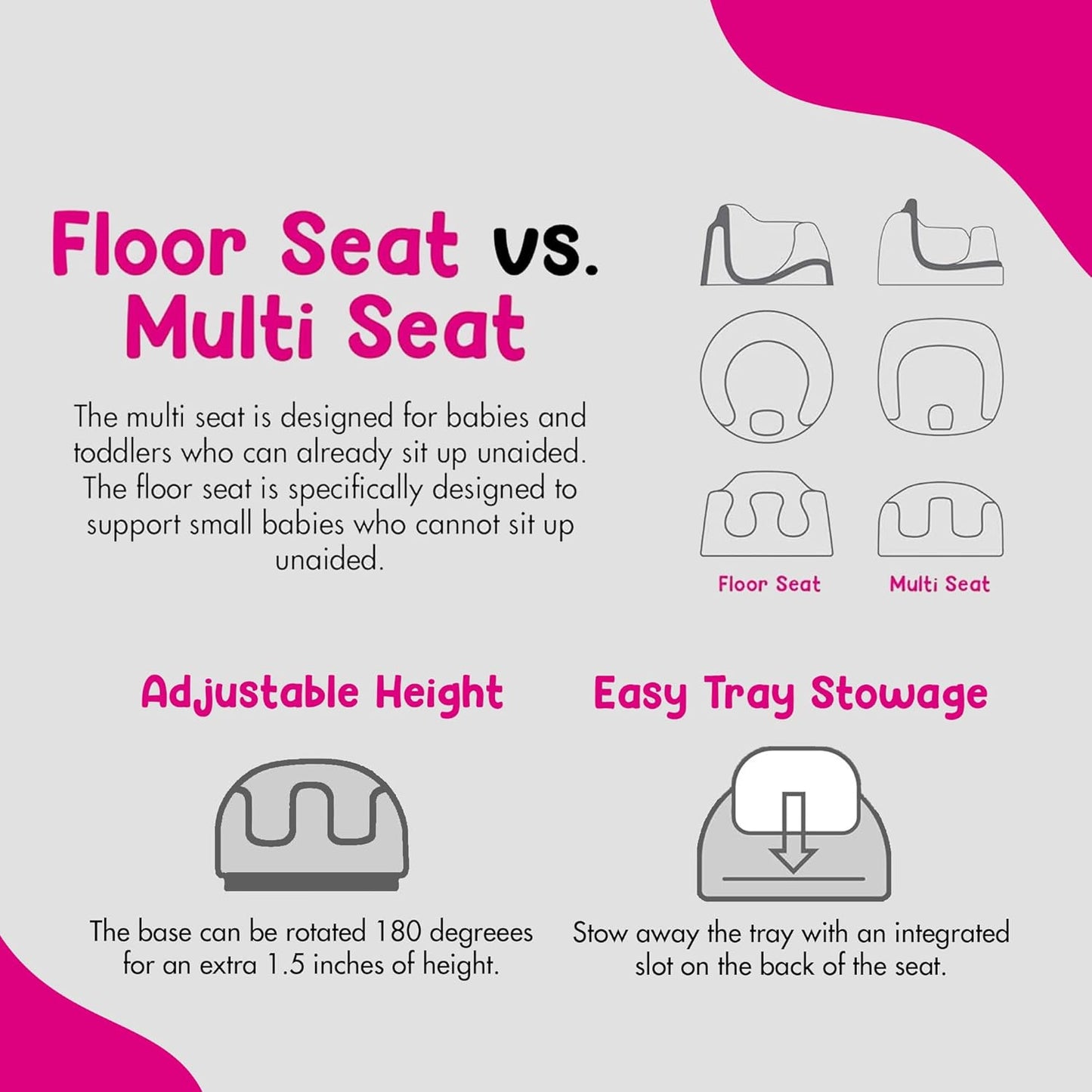 Bumbo Baby Toddler Adjustable 3 in 1 Multi Seat High Chair and Booster Seat with Removable Tray and Buckle Strap for Toddlers 1 to 3, Cool Gray