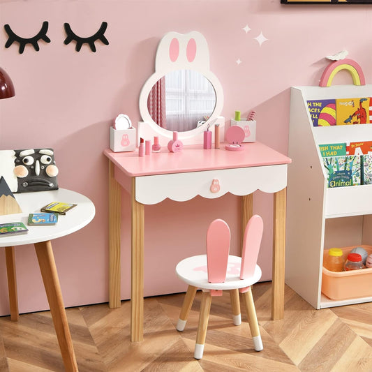 Costzon Kids Vanity Set with Mirror, 2 in 1 Princess Makeup Dressing Table W/Detachable Top, Toddler Vanity with Chair, Drawer & Solid Wood Legs, Pretend Play Vanity Set for Little Girls (Pink)