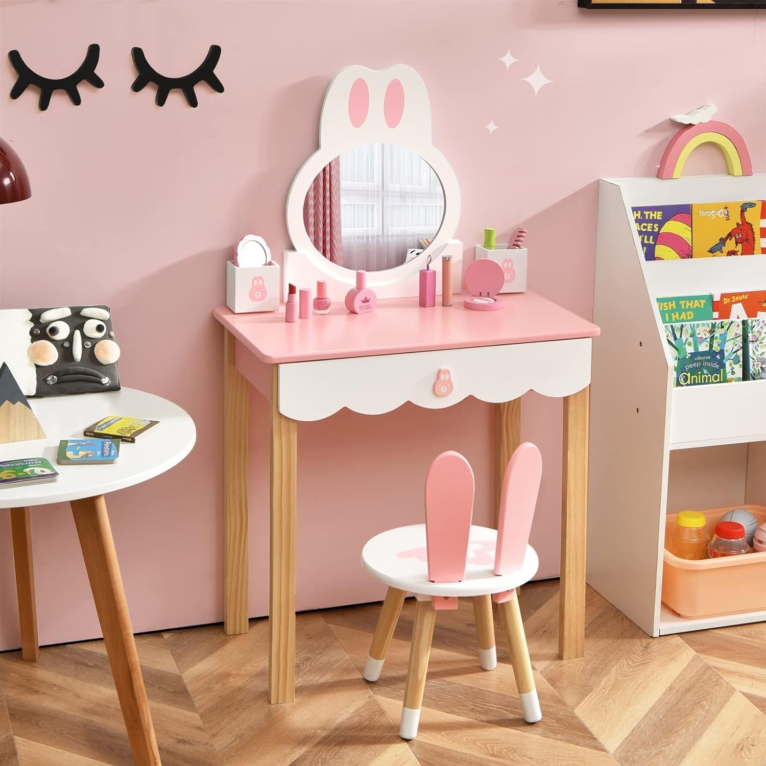 Costzon Kids Vanity Set, Girls Vanity Set with Mirror & Stool, 2 Large Drawers, Storage Shelf, Wooden Princess Makeup Dressing Table, Pretend Play Vanity Table Chair Set for Toddlers (Pink)