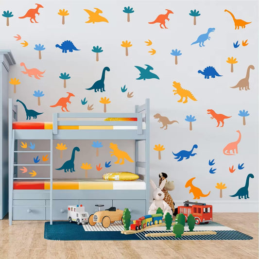 60 Pcs Colorful Cartoon Dinosaur Wall Decals Animal Wall Stickers Removable Vinyl Wall Paper Stickers for Kids Nursery Playroom Bedroom Home Decoration (Dinosaur, Simple Style)