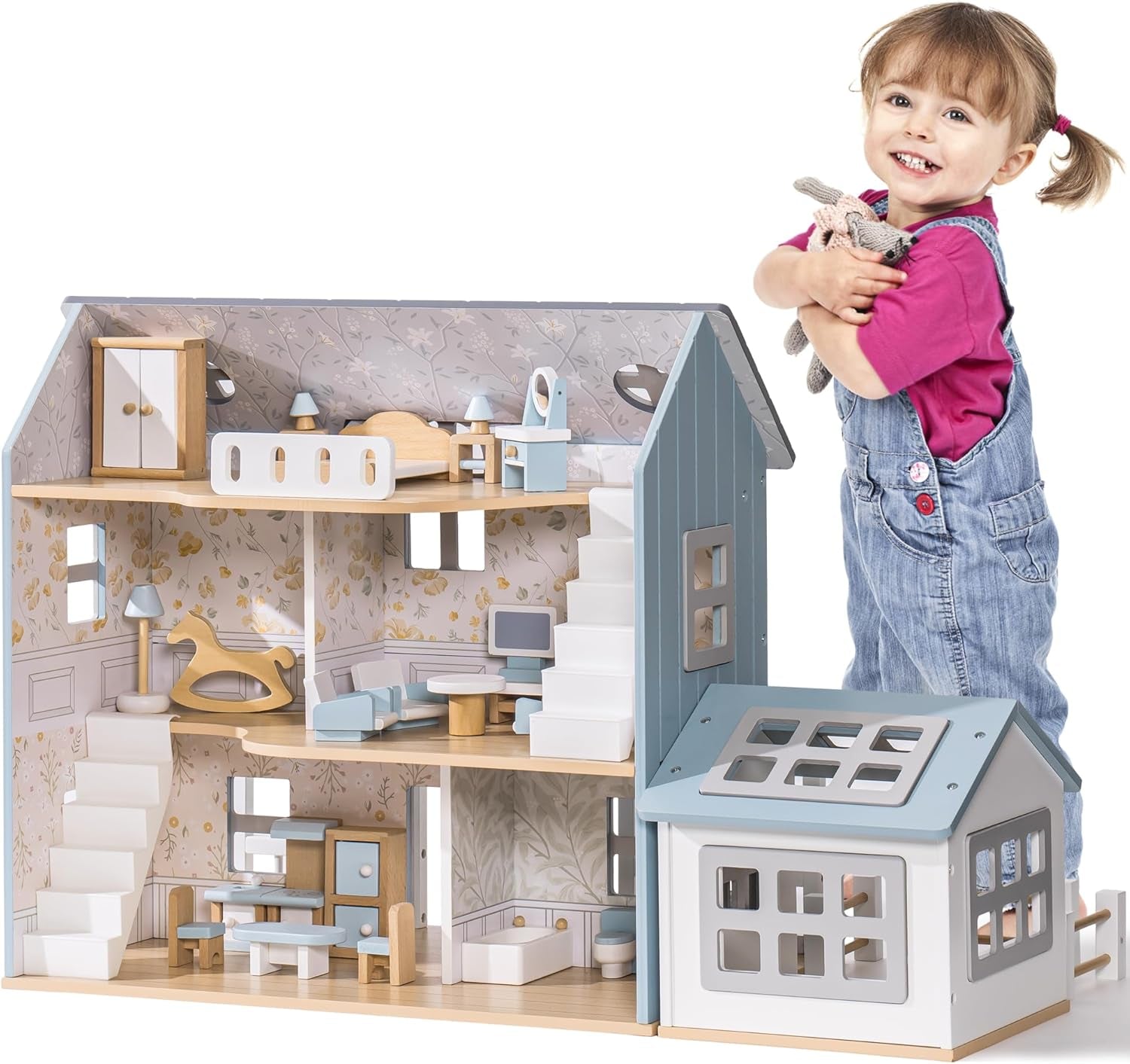 ROBUD Wooden Dollhouse, Modern Vintage Farm Dollhouse with 25Pcs Furniture, 5 Rooms, a Stable, Doll House for 4-6 Inches Dolls, Ideal Gift for Kids Ages 3+ (Gray)