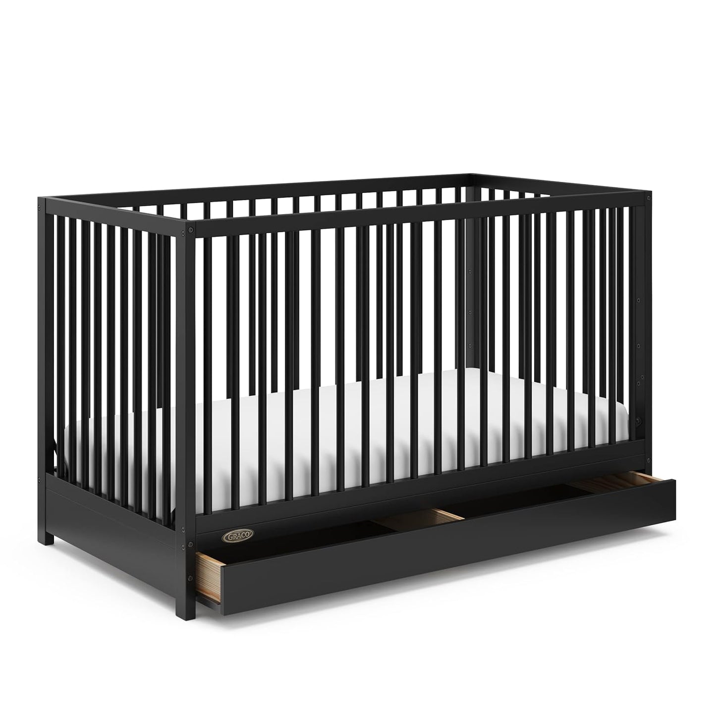 Graco Teddi 4-In-1 Convertible Mini Crib with Bonus Water-Resistant Mattress (Black) – GREENGUARD Gold Certified, 2.75-Inch Mattress Included, Convenient Size, Easy 30-Minute Assembly