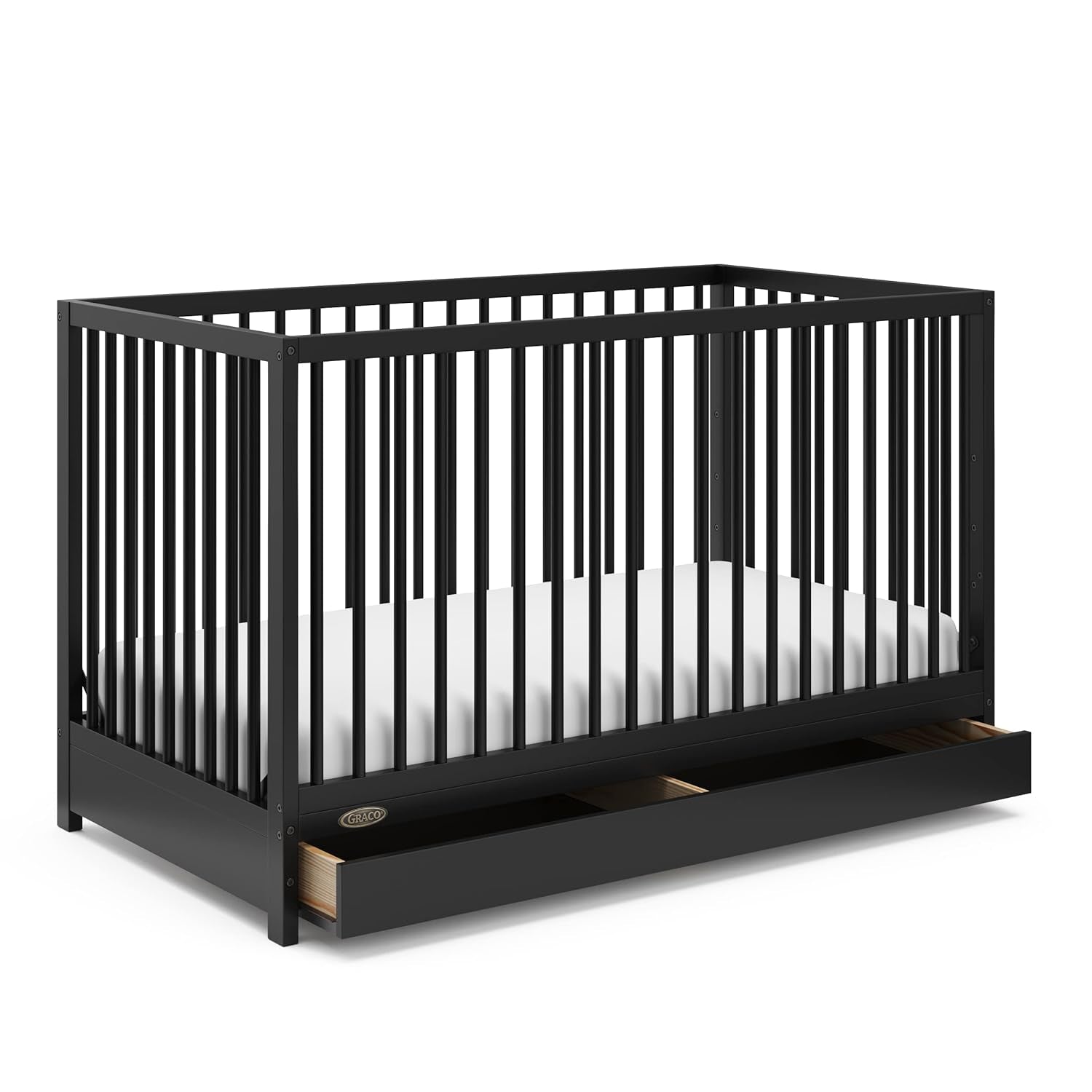 Graco Teddi 4-In-1 Convertible Mini Crib with Bonus Water-Resistant Mattress (Black) – GREENGUARD Gold Certified, 2.75-Inch Mattress Included, Convenient Size, Easy 30-Minute Assembly