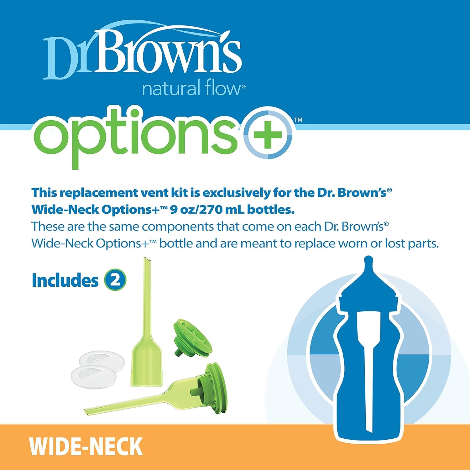 Dr. Brown'S Natural Flow Options+Replacement Vent Kit, Wide-Neck 2 Count (Pack of 1) (Fits Options+ Wide-Neck - 9Oz/270Ml Bottles)