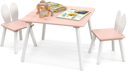 Costzon Kids Table and Chair Set, 3 Pieces Wooden Activity Play Table & 2 Cute Rabbit, Solid Wood Legs, Space-Saving Toddler Furniture for Preschool, Nursery, Children Playroom & Kindergarten (Pink)