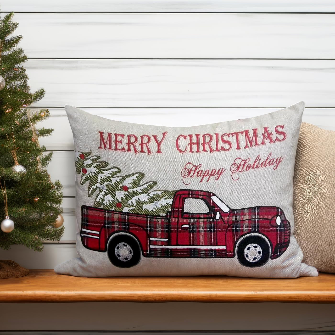 MON AMI Plaid Truck with Christmas Tree Pillow – 20X14”, Christmas Decorations, Farmhouse Winter Holiday Home Décor, Christmas Pillow for Couch/Sofa