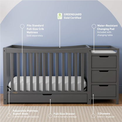 Graco Remi 4-In-1 Convertible Crib & Changer with Drawer (Gray) – GREENGUARD Gold Certified, Crib and Changing -Table Combo, Includes Changing Pad, Converts to Toddler Bed, Daybed and Full-Size Bed