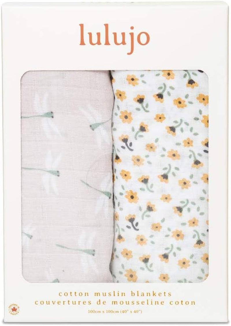 Lulujo Boho Swaddle Set, Cotton Muslin Blankets, 2 Pack (Vintage Floral & Dragonfly)