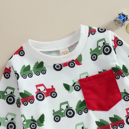 Toddler Baby Boy Girl Christmas Outfits Truck Tree Print Long Sleeve Sweatshirts Pants Fall Infant 2Pcs Clothes