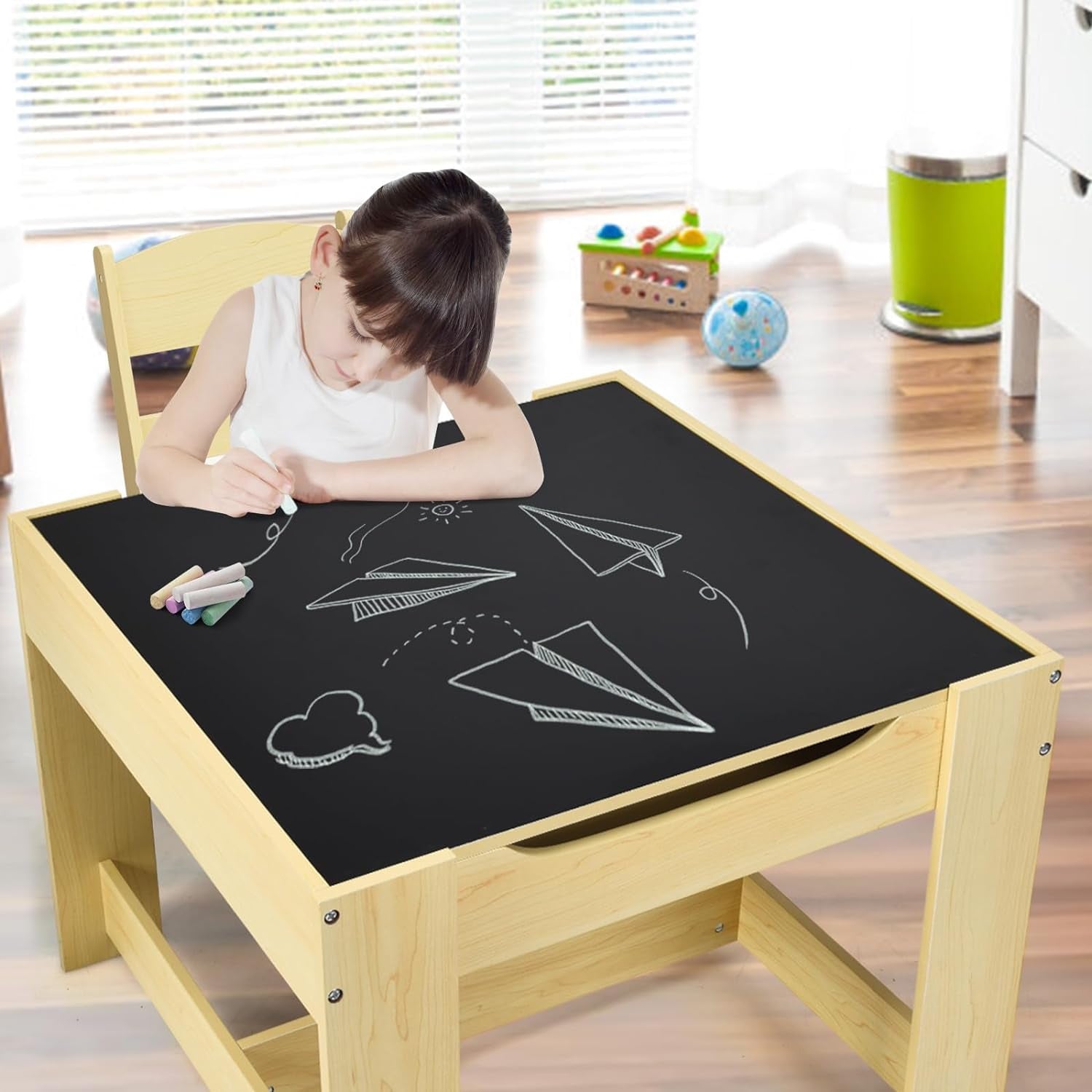 Costzon Kids Table and Chair Set, 3 in 1 Wooden Activity Table with Storage Drawer, Detachable Tabletop for Children Drawing Reading Art Craft, Playroom, Nursery, Toddler Table and Chair Set, Natural