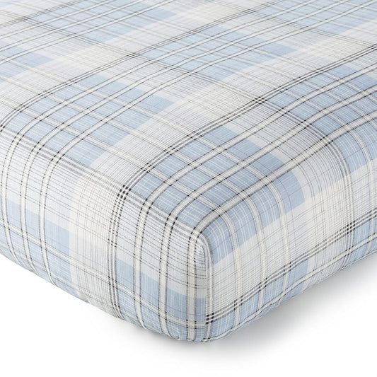 Levtex Baby - Logan Crib Fitted Sheet - Fits Standard Crib and Toddler Mattress - Classic Plaid - Blue, Navy and White - Nursery Accessories - 100% Cotton