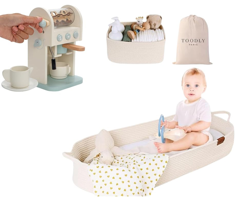 Baby Changing Basket with Diaper Caddy (Beige) and Montessori Toy Coffee Maker for Kids Bundle