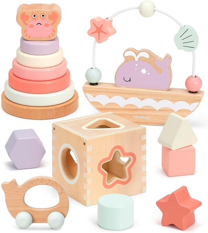 4-In-1 Wooden Toddler Toys for 1 Year Old, Wooden Stacking Rings Tower, Shape Sorter Box, Bead Maze, Wood Baby Push Car, Wooden Stacking Toys for Boys Girls 12M+