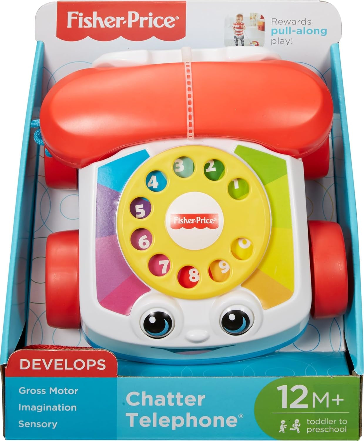 Fisher-Price Toddler Pull Toy Chatter Telephone Pretend Phone with Rotary Dial and Wheels for Walking Play Ages 1+ Years