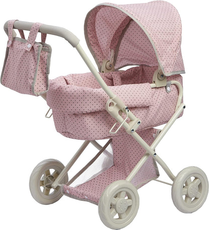 Olivia'S Little World Polka Dot Princess Baby Doll Twin Bassinet Stroller with Retractable Canopy & Storage, Pink/Gray