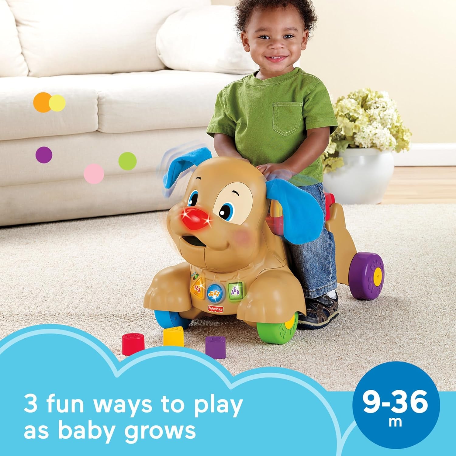 Fisher-Price Baby & Toddler Toy Laugh & Learn Stride-To-Ride Puppy Walker & Ride-On with Music Lights & Blocks for Infants Ages 9+ Months