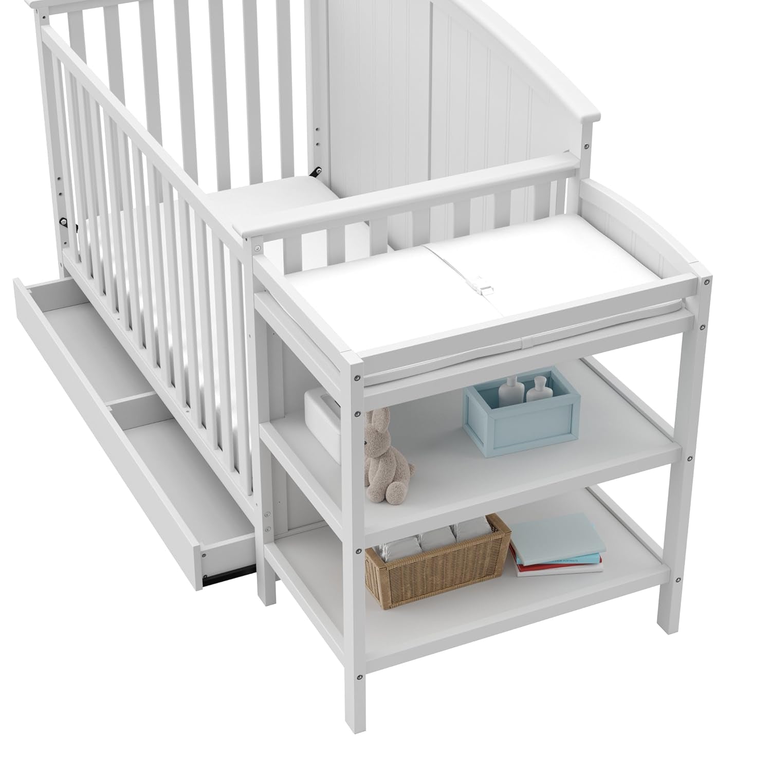 Storkcraft Steveston 5-In-1 Convertible Crib and Changer with Drawer (White) – GREENGUARD Gold Certified, Crib and Changing Table Combo with Drawer, Converts to Toddler Bed, Daybed and Full-Size Bed