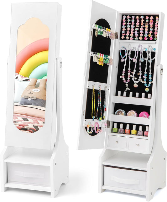 Costzon Kids Jewelry Armoire Cabinet, 41.5” Standing Jewelry Organizer with Full-Length Mirror, 3 Storage Drawers, Kids Vanity Dress up Mirror Jewelry Cabinet for Little Girls (White)