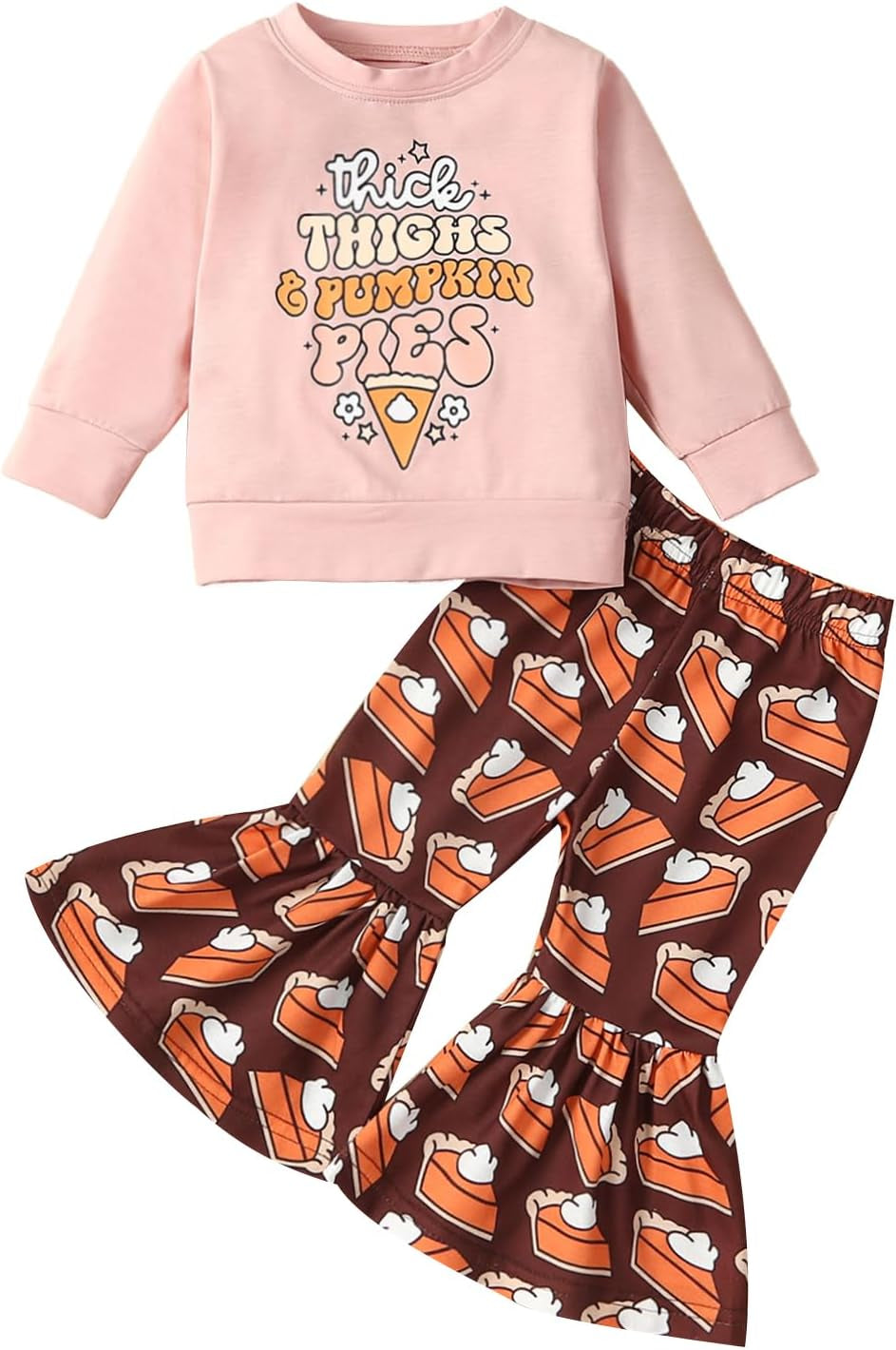 Baby Girl Halloween Outfit Pumpkin Pie Crewneck Sweatshirt Shirt Top Bell-Bottom Pants Sets Cute Toddler Clothes