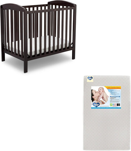 Delta Children Emery Mini Convertible Baby Crib & Twinkle Stars 3-Inch Waterproof Mini Crib Mattress, Dark Chocolate