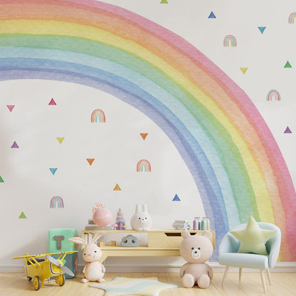 Funlife Fabric Large Rainbow Wall Mural Stickers Peel and Stick, Colorful Triangle Wall Decal Precut Vibrant Half Watercolor Rainbow Wall Decals for Girls Bedroom Kids Nursery Room Playroom