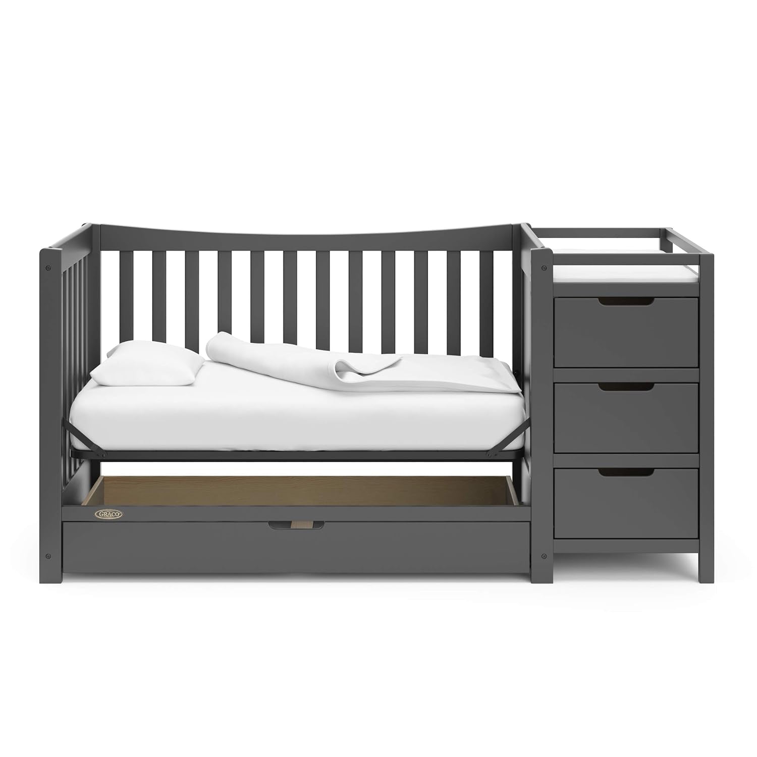 Graco Remi 4-In-1 Convertible Crib & Changer with Drawer (Gray) – GREENGUARD Gold Certified, Crib and Changing -Table Combo, Includes Changing Pad, Converts to Toddler Bed, Daybed and Full-Size Bed