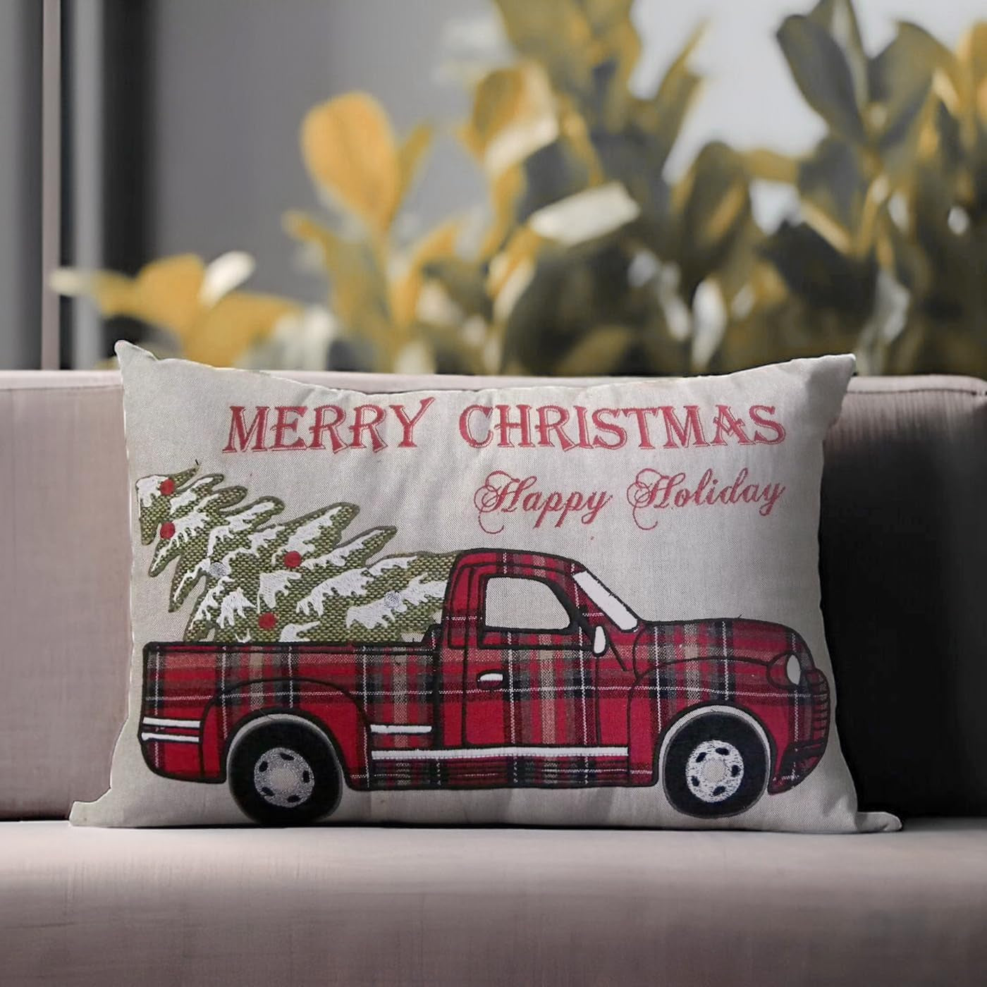 MON AMI Plaid Truck with Christmas Tree Pillow – 20X14”, Christmas Decorations, Farmhouse Winter Holiday Home Décor, Christmas Pillow for Couch/Sofa