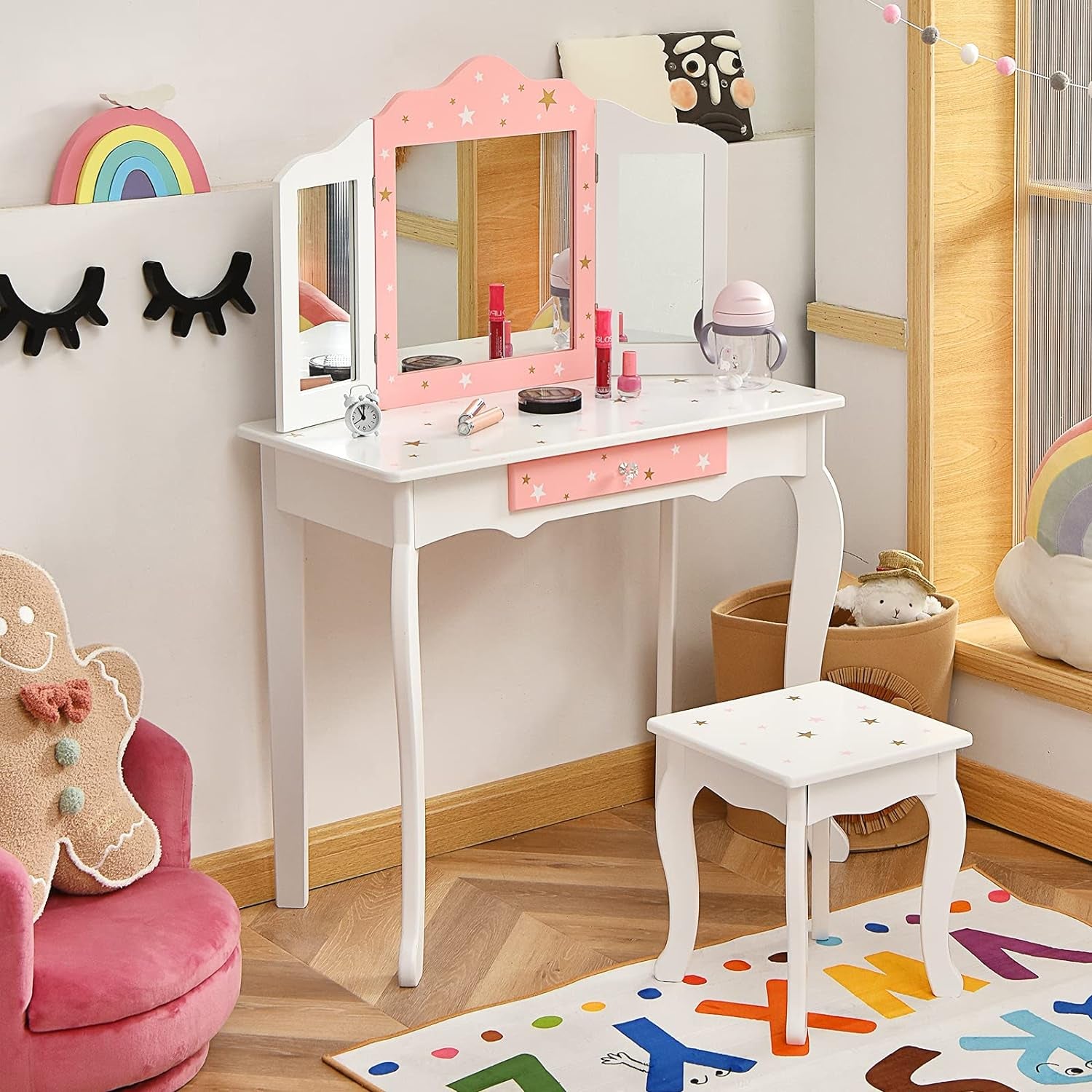 Costzon Kids Vanity Set with Mirror, 2 in 1 Princess Makeup Dressing Table W/Detachable Top, Toddler Girls Vanity with Tri-Fold Mirror, Drawer & Stool, Pretend Play Vanity Set for Little Girls, White