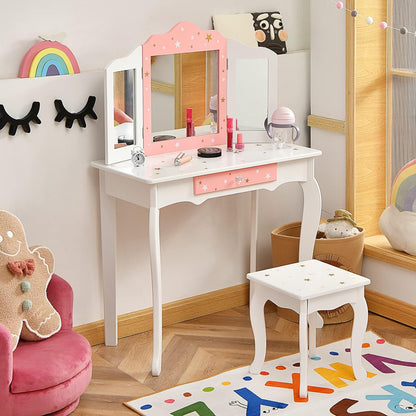 Costzon Kids Vanity Set with Mirror, 2 in 1 Princess Makeup Dressing Table W/Detachable Top, Toddler Girls Vanity with Tri-Fold Mirror, Drawer & Stool, Pretend Play Vanity Set for Little Girls, White