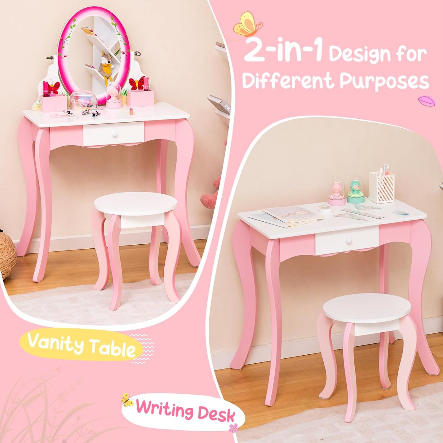 Costzon Kids Vanity, Girls Vanity Set with Mirror and Stool, Drawer, Storage Grids, 2 in 1 Toddler Makeup Dressing Table Vanity Desk, Pretend Play Vanity Table and Chair Set for Little Girls