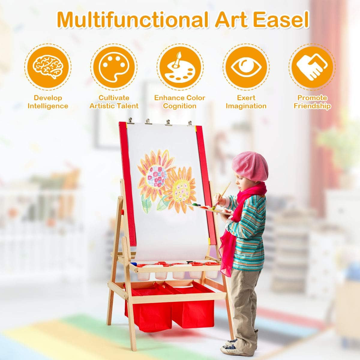 Costzon 3 in 1 Kids Art Easel with Paper Roll, Double Sided Adjustable Chalkboard & White Dry Erase with 4 Drawing Board Clips, Storage Bins, 26 English Alphabet Tiles for Toddlers (Red)