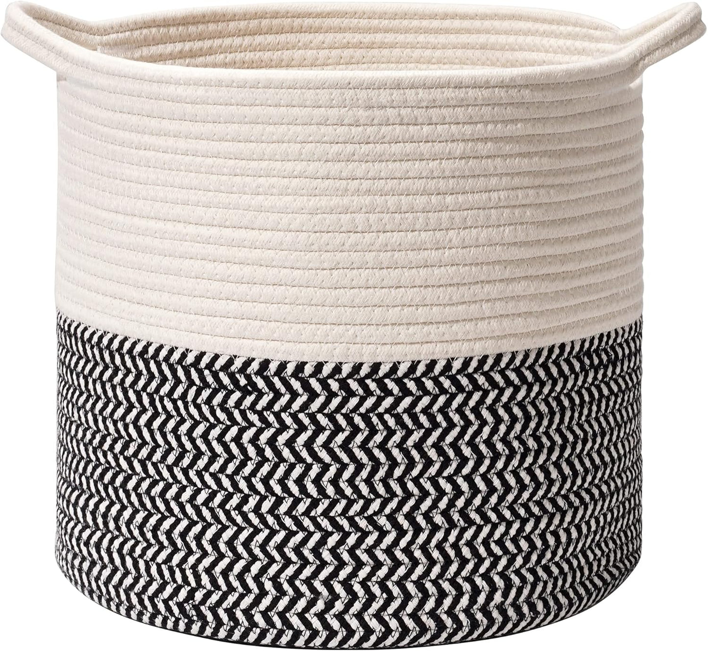 ROBUD Woven Baskets for Storage Baby Laundry Hamper with Handles, Cotton Rope Baskets for Storage & Organizing, Ideal for Clothing, Blankets, Baby Toys (White/Black)