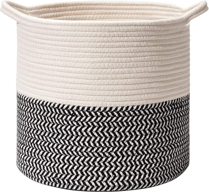 ROBUD Woven Baskets for Storage Baby Laundry Hamper with Handles, Cotton Rope Baskets for Storage & Organizing, Ideal for Clothing, Blankets, Baby Toys (White/Black)