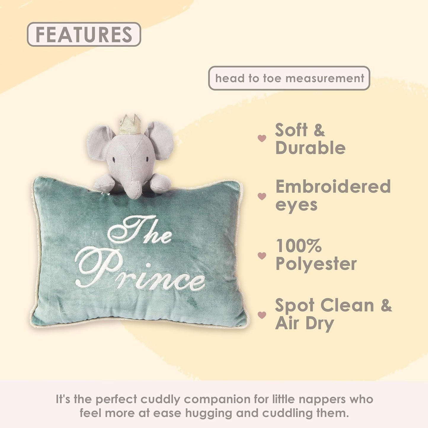 Mon Ami Prince Elephant Decorative Pillow – 11X10”, Blue Throw Pillow, Plush & Decorative Accessory Cushion for Child’S Nursery, Bed or Couch