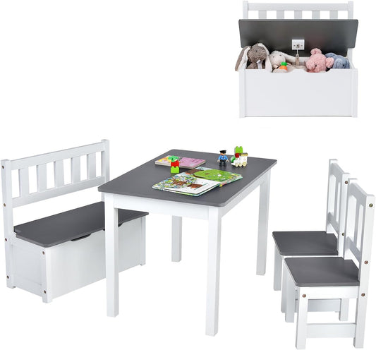 Costzon Kids Table and Chair Set, Wood Activity Table with Toy Storage Bench & 2 Chairs for Children Reading, Arts, Crafts, Snack Time, Homework, Playroom, Toddler Table and Chairs (Grey)