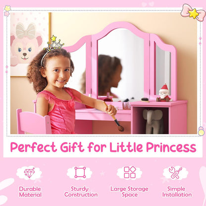 Costzon Kids 2-In-1 Princess Makeup Desk & Chair with Detachable Mirror, Shelves, Pretend Play Dressing Table for Girls (Pink)