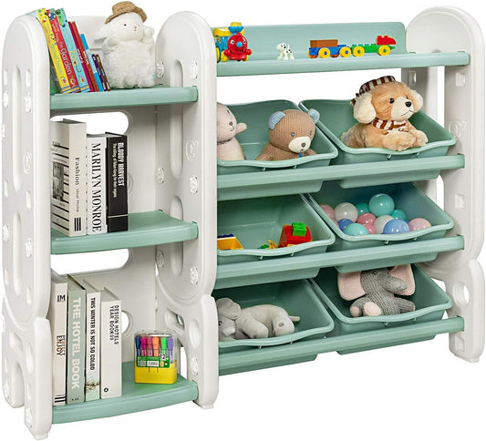 Costzon Kids Bookshelf with Toy Organizers and Storage, Multi-Purpose 4-Tier Shelf & 6 Removable Plastic Bins to Organize Books Toys, Toddler Bookcase for Playroom, Bedroom, Daycare, Nursery (Green)