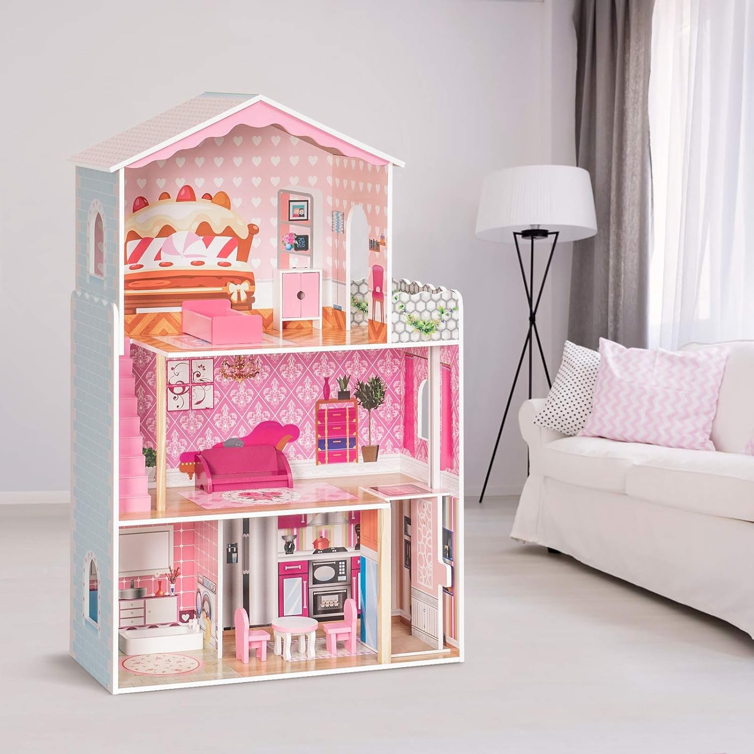 ROBUD Wooden Dollhouse for Kids, Pretend Play Dream House Toy for Little Girls 3+ Years Old