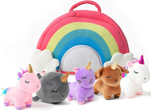 Pixiecrush Unicorn Stuffed Animal Set - Five Plush Toys Including Narwhal, Puppycorn, Kittycorn, Rainbow and Pink Unicorn - Soft Colorful Plushies with Rainbow Carry Case - Thoughtful Gift for Kids